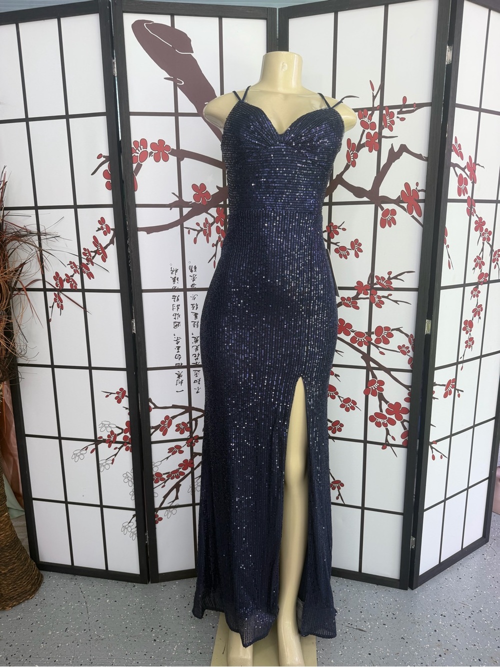Sparkling Navy Sequin Spaghetti-Strap Prom Dress with Front Slit